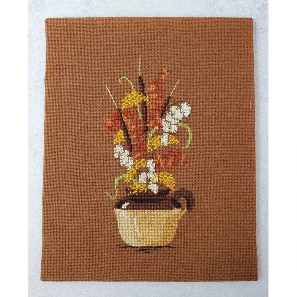 Vintage 1970s Hand Stitched Cross Stitch Needlepoint Wall Art Set of 3 Floral